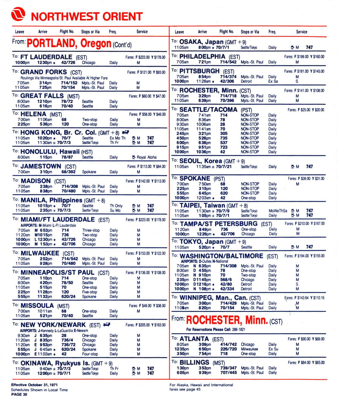 Northwest Airlines System Timetable `10/31/71